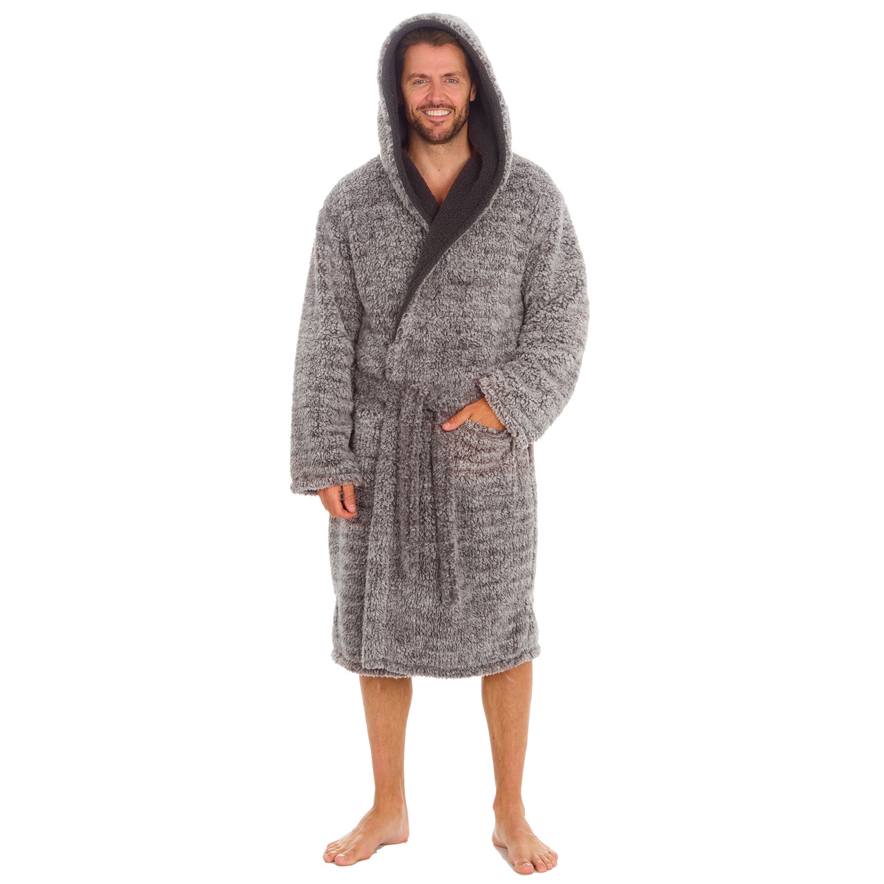 Mens Frosted Sherpa Fleece Dressing Gown Super Soft Hooded Robe