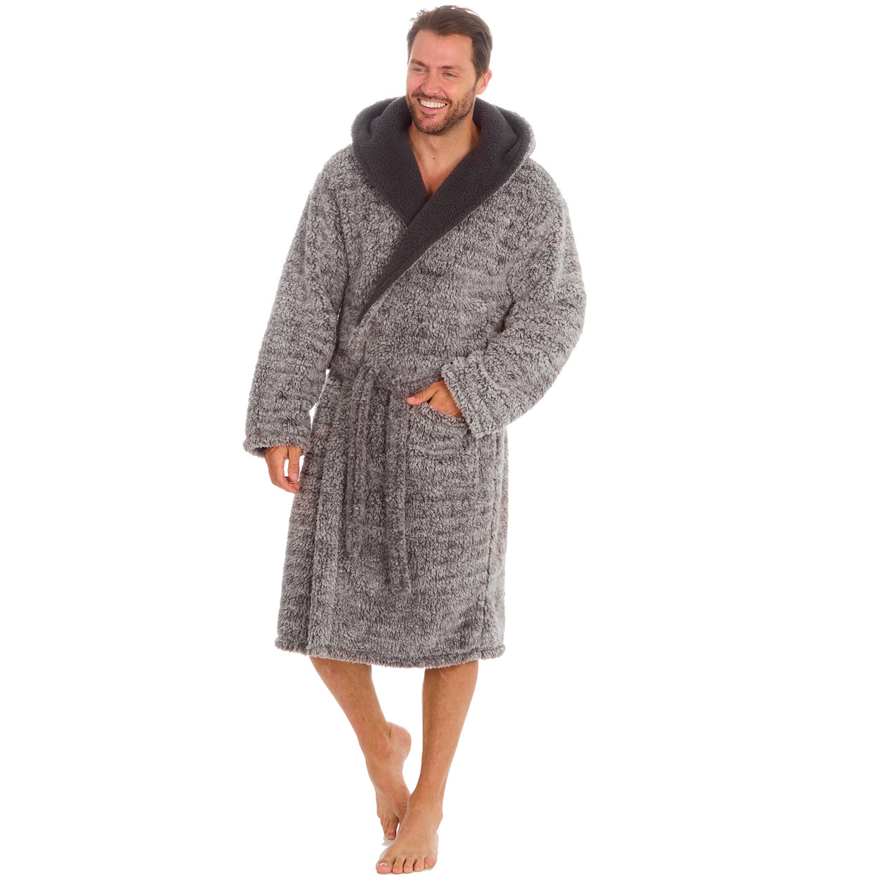 Mens Frosted Sherpa Fleece Dressing Gown Super Soft Hooded Robe