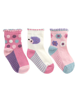 Baby Girls Design Fun Animals Cute Socks 3 Pairs White Hedgehog