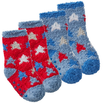 Baby Boys Socks With Grippers Fluffy Warm  Red Stars - 2 Pairs