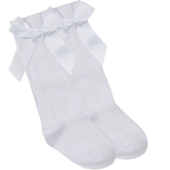 Baby Girls Knee High Socks with Satin Bow 1 Pair White