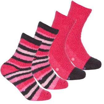 Ladies Fluffy Cosy Chunky Non Slip Anti Grippers Socks 2 Pairs Red