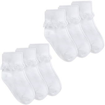 Girls Kids Lace Socks Turn Over Organza Frill 6 Pairs White