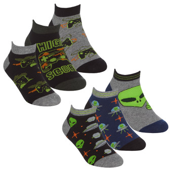 Boys Trainer Liner Low Cut Socks Alien Gaming 6 Pairs