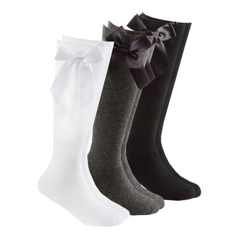 Girls High Knee With Satin Bow Back To School Plain Socks 3 Pairs - White Grey Black