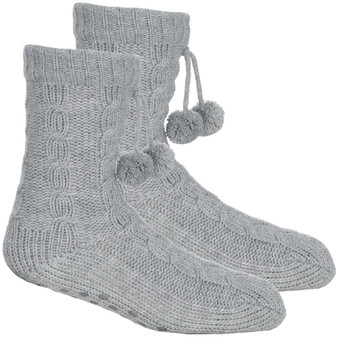 Ladies Cable Lounge Socks with Grippers Warm Chunky Grey