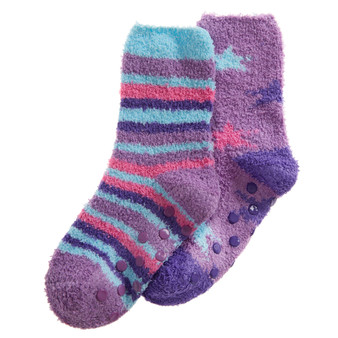 Girls Fluffy Sherpa Fleece Slipper Socks with Non Slip Grippers Purple Blue