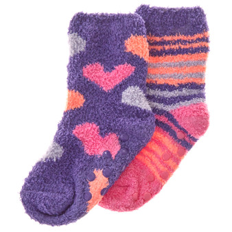 Girls Fluffy Sherpa Fleece Slipper Socks with Non Slip Grippers Purple Hearts