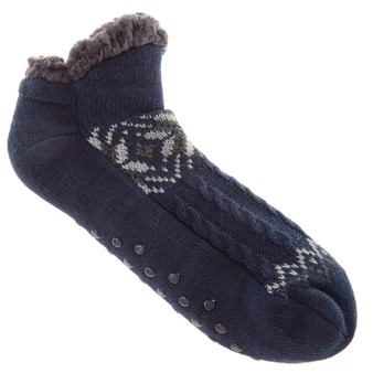 Mens Fluffy Low Cut Sherpa Fleece Slipper Socks with Non Slip Grippers Navy