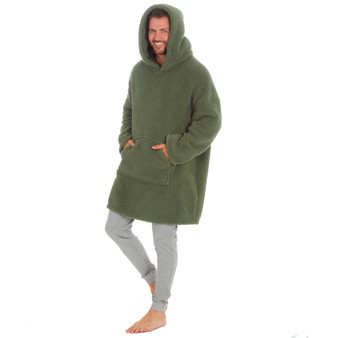 Mens Adult Borg Fleece Blanket Hoodie Giant Long Lounge Oversized Hoodie Olive