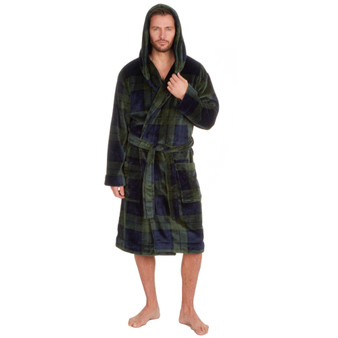 Mens Flannel Fleece Dressing Gown Classic Hooded Robe M-2XL Green