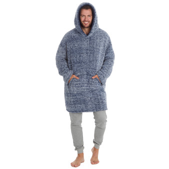 Mens Frosted Sherpa Fleece Oversized Hoodie Lounge Top One Size Navy