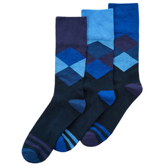 Mens Bamboo Diamond Patterned Loose Top Crew Mid Calf Socks - Blue 3 Pairs