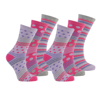 Womens Stripes Dots Socks Pink & Lilac 6 Pairs