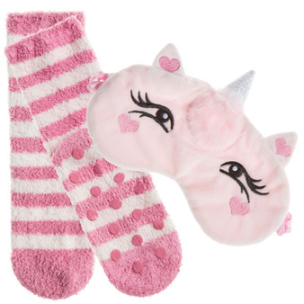 Womens Cosy Socks With Grippers And Eye mask Pink Unicorn