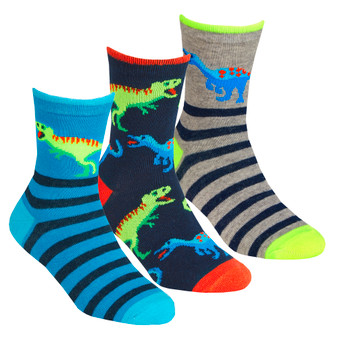 Boys Socks Dinosaur Dino Crew Socks Blue - 3 Pairs