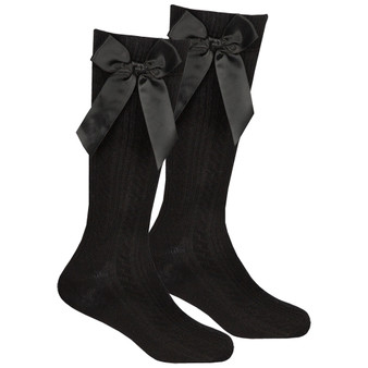 Girls Knee High Long Socks with Satin Bows 1 Pair Black