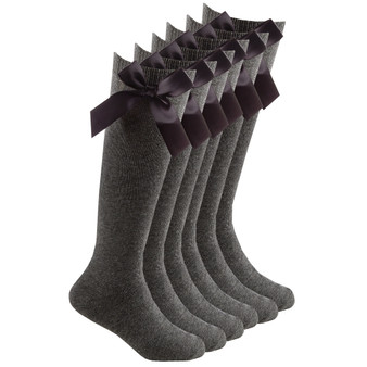 Girls High Knee With Satin Bow Back To School Plain Socks 3 Pairs - Grey
