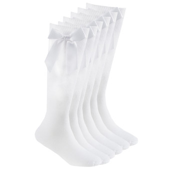 Girls High Knee With Satin Bow Back To School Plain Socks 3 Pairs - White