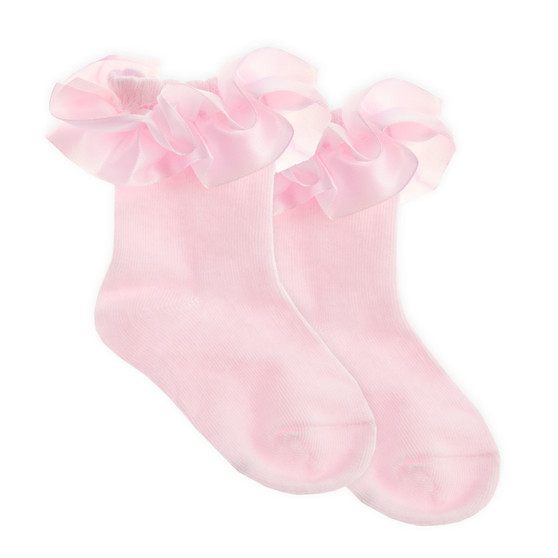 Baby Girls Socks With Decorative Frill Pink Satin - 1 Pair