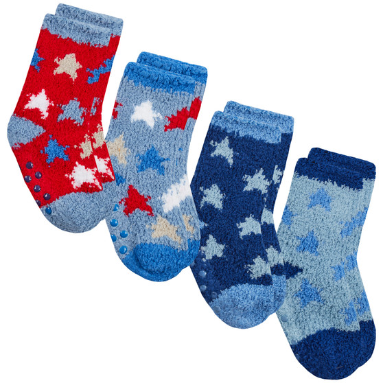 Baby Boys Fluffy Warm Cosy Socks With Grippers Red Blue Stars - 4 Pairs