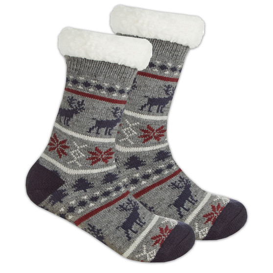 Boys Chunky Cosy Fairisle Design Sherpa Fleece Warm Socks Grey