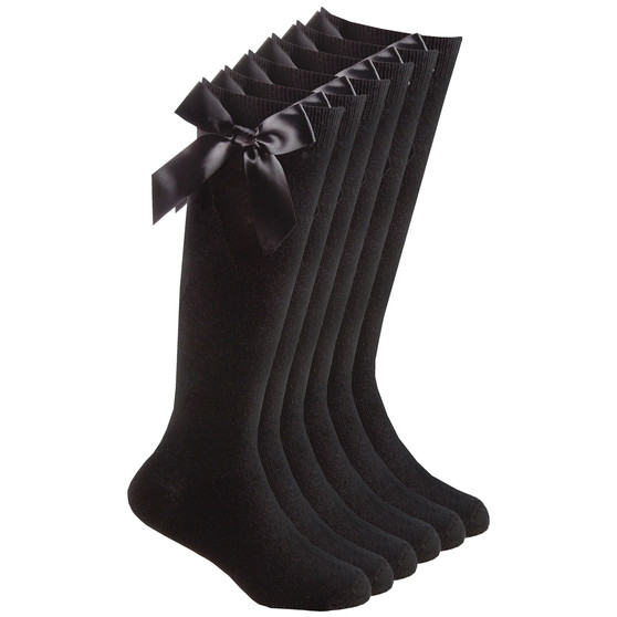 Girls High Knee With Satin Bow Back To School Plain Socks 3 Pairs - Black