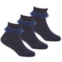 Girls Ankle Socks With Organza Lace Trim Frill 3 Pairs - Navy