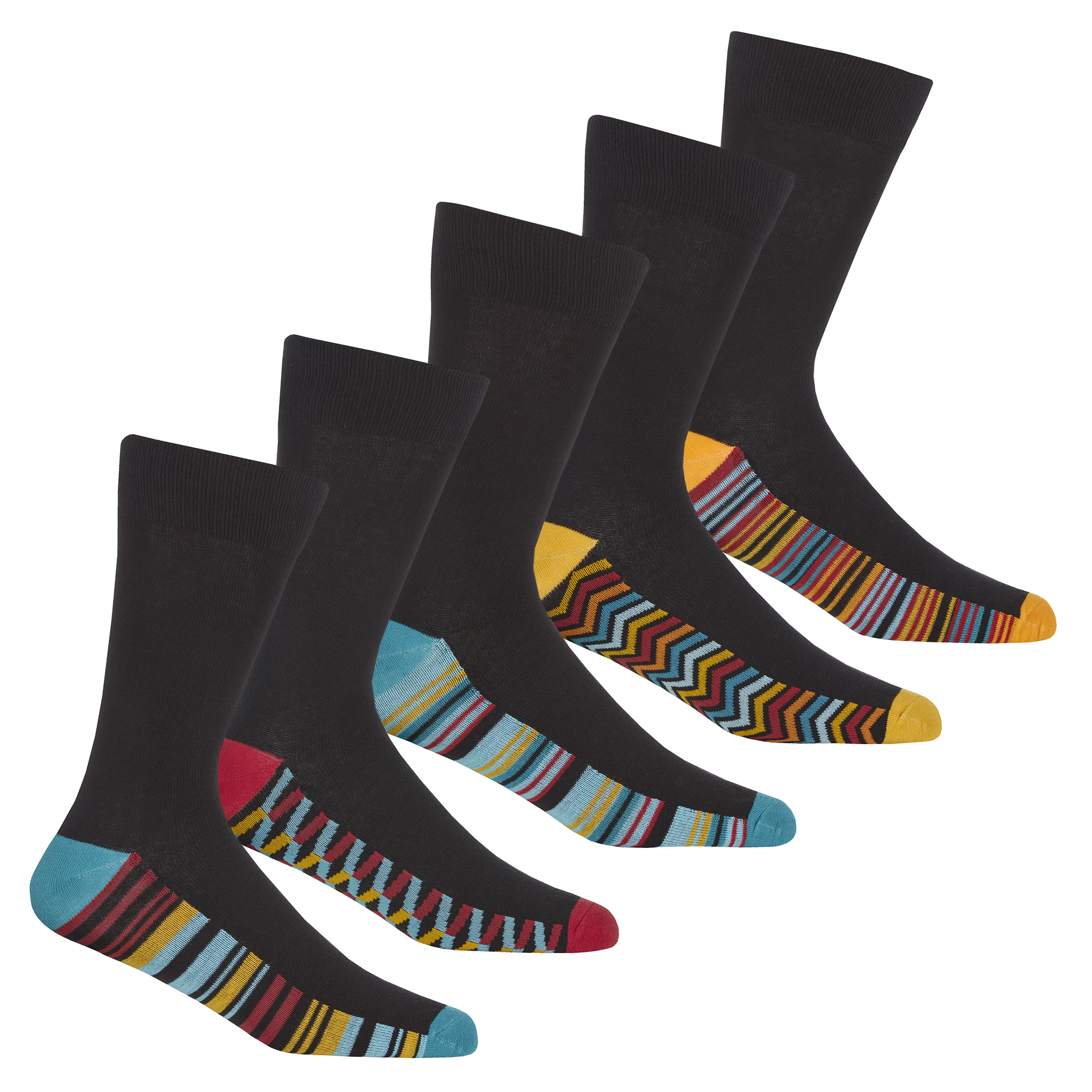 Mens Colourful Striped Geometric Heel & Toe Design Socks 5 Pairs