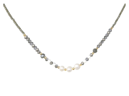JH Glass and Pearl Beaded Short Collar Necklace  grey 
