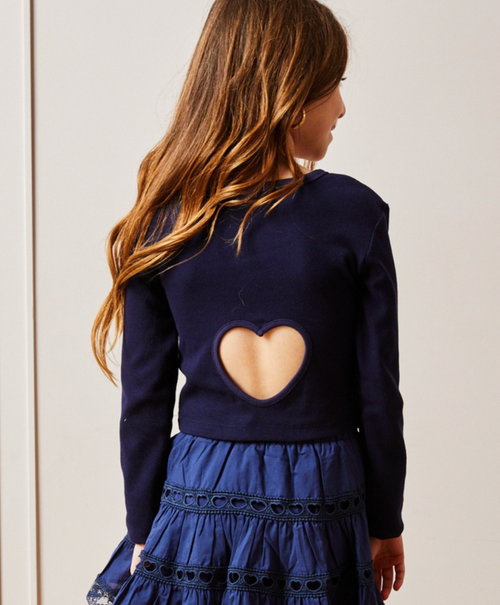 Theme Sloan Navy Long Sleeve Heart Cut Out Ribbed 