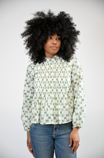 Victoria Dunn Kinsley Blouse in Sagebrush  print white blue and green print women's long sleeve top , women’s long sleeve top, Easy to dress up or down, work top