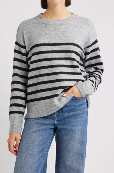 Women's Liverpool LA Long Sleeve Crew Neck Drop Shoulder Sweater in Grey with Black Stripe,  A comfortable knit with a relaxed fit, perfect for everyday wear. women’s grey sweater