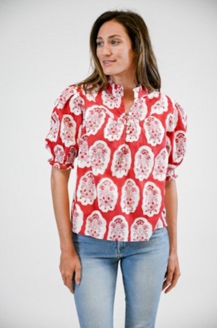 Victoria Dunn Ellie Blouse  in  Garnet Bloom floral short sleeve women's top 
women’s short sleeve blouse, everyday women’s top