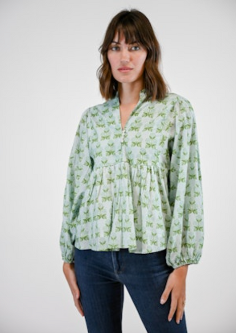 Victoria Dunn Bluffton Blouse -Juniper Grove Long Sleeve Top , green floral top,  relaxed, flowy long-sleeve blouse with a flattering V-neckline and effortless silhouette.  perfect for pairing with jeans, trousers, or a skirt for casual days or transitional weather.