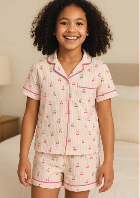 Preppy Goose  Cherry Stripes Jersey Short Sleeve PJ Set in Pink, Tween PJ Set  lightweight, silky fabric, cozy year-round while maintaining a cute, vibrant style.Perfect for gifting, camp, and sleepovers