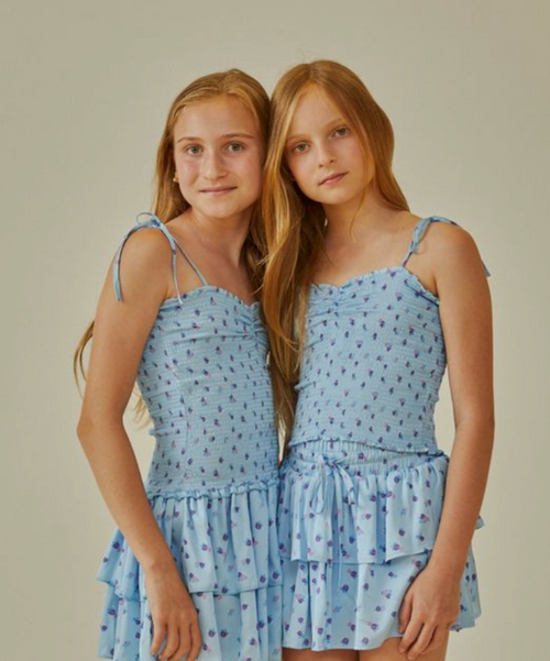 Theme Georgia Blue Ditsy Satin Smocked Top   , tween top , tween spring top , tween fashion