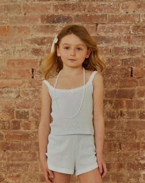 Theme Lizzie Blue with White Lace Pointelle Tank Top, Soft pointelle knit (lightweight + breathable), White lace edging for a feminine finish, Tiny heart knit pattern, tween top