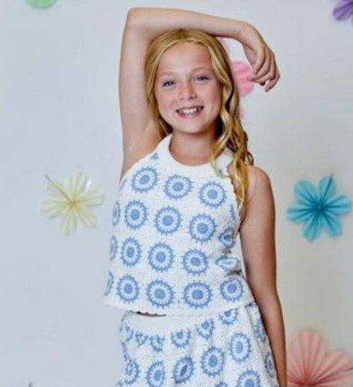 Design History Girl Vanilla & Blue Crochet Tank Top, Tween Top , Tween Tank Top, Tween Fashion, Tween Clothes , flattering, easy-fit silhouette, effortless “put-together but still comfy” vibe.fresh, fun, and super wearable, coastal vibe