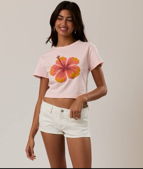 Le Lis Hibiscus Short Sleeve Round Neck Light Pink Baby Tee, Soft and casual everyday tee.Surf-inspired hibiscus tee, casual tops