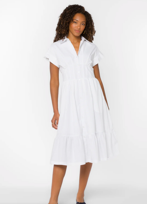 Velvet Heart Emily Optic White Poplin Short Sleeve Dress, a timeless shirtdress silhouette with flattering pleated detailing ,Midi shirtdress, Collared with a soft V + partial button front, work dress, summer dress, party dress