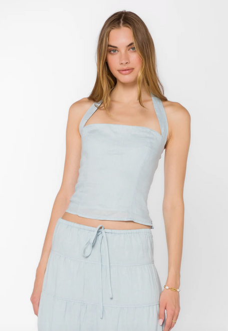 Velvet Heart Reiko Halter Top Square Neck Blue Linen , relaxed yet refined aesthetic, 100% linen (lightweight + breathable), Coastal, clean, minimal, “California-chic”, No-brainer spring top”