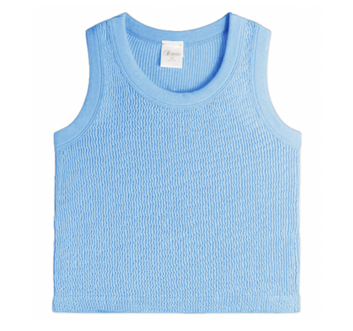Suzette Smocking Sleeveless Tank Baby Blue Tween Tank Top , Tween Tops, Tween Fashion, Tween Clothes  Smocked bodice, textured  flexible fit, Sweet, airy, and very spring/summer-coded, Easy wear piece, sporty, beachy, coastal vibe