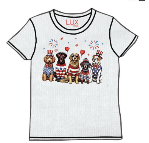 LUX Americana Dog Celebration Tee White, Tween Top , Easy-to-style white tee, Patriotic dog graphic with Americana vibes, tween graphic tee, patriotic shirt for girls, Americana style, summer outfit for tweens, boutique girls clothing