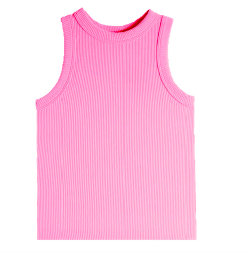 Suzette High Neck Ribbed Seamless Tank, Bubble Gum Pink tank, tween basics, seamless tank top, tween summer fashion, girls athleisure wear, South Shore MA boutique, camp outfit essentials, tween wardrobe staples, PHIA Boutique.kids tank, kids tops