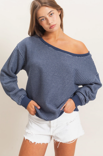 Hyfve Striped Off The Shoulder Sweatshirt Navy Teen Women Tops 
Trendy off-the-shoulder neckline
Classic striped pattern in dark taupe
Soft, cozy fabric for all-day comfort
Relaxed fit for effortless styling
Perfect for teens and women
Pairs beautifully with jeans, leggings, skirts, or shorts
Ideal for school, weekends, travel, and casual outings