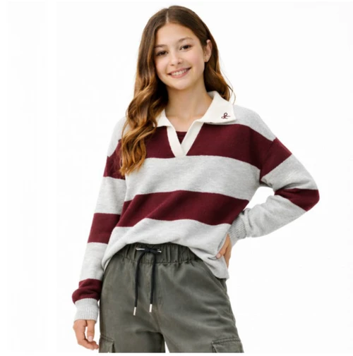 Vintage Havana Stripe Sweater Heather Grey and Maroon, Tween Sweater, Girl Sweater , Vintage Havana Stripe Sweater, heather grey and maroon sweater, tween sweater, girls fall sweater, tween fall fashion, girls striped sweater, cute tween clothes, back to school sweater, tween boutique clothing, PHIA Boutique, tween clothes, girl clothes