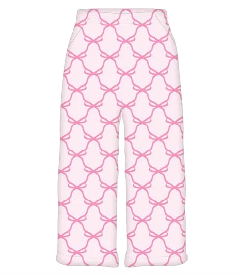Iscream Sweet Trellis Bow Plush Pants in Pink , Tween Plush Pant ,scream Sweet Trellis Bow Plush Pants in Pink, tween plush pants, pink plush pants for girls, girls cozy lounge pants, bow print pajama pants, tween pajamas, cute girls sleepwear, pink bow clothing, tween holiday gifts, gifts for tweens, tween clothing boutique, PHIA Boutique.