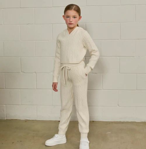 Parfum De Fit Cable Knit Jogger in Creme White , Tween Jogger , Parfum De Fit Cable Knit Jogger Creme White, tween joggers, girls cable knit pants, creme white joggers for girls, matching tween lounge set, cozy tween clothing, girls casual outfits, trendy tween fashion, tween clothing boutique, PHIA Boutique.