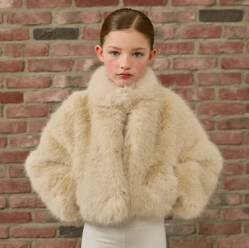 Parfum De Fit Faux Fur Crop Jacket in Creme Oat  Parfum De Fit Faux Fur Crop Jacket, tween faux fur jacket, girls cropped jacket, tween clothing boutique, trendy tween outerwear, girls fall fashion, girls winter jackets, stylish tween outfits, PHIA Boutique tween clothes.